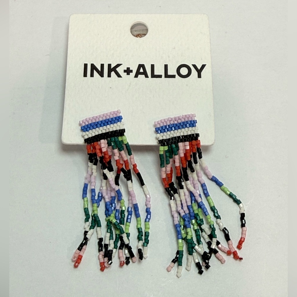 INK+ALLOY Luxe Marilyn Diagonal Stripes Beaded Fringe Earrings NWT